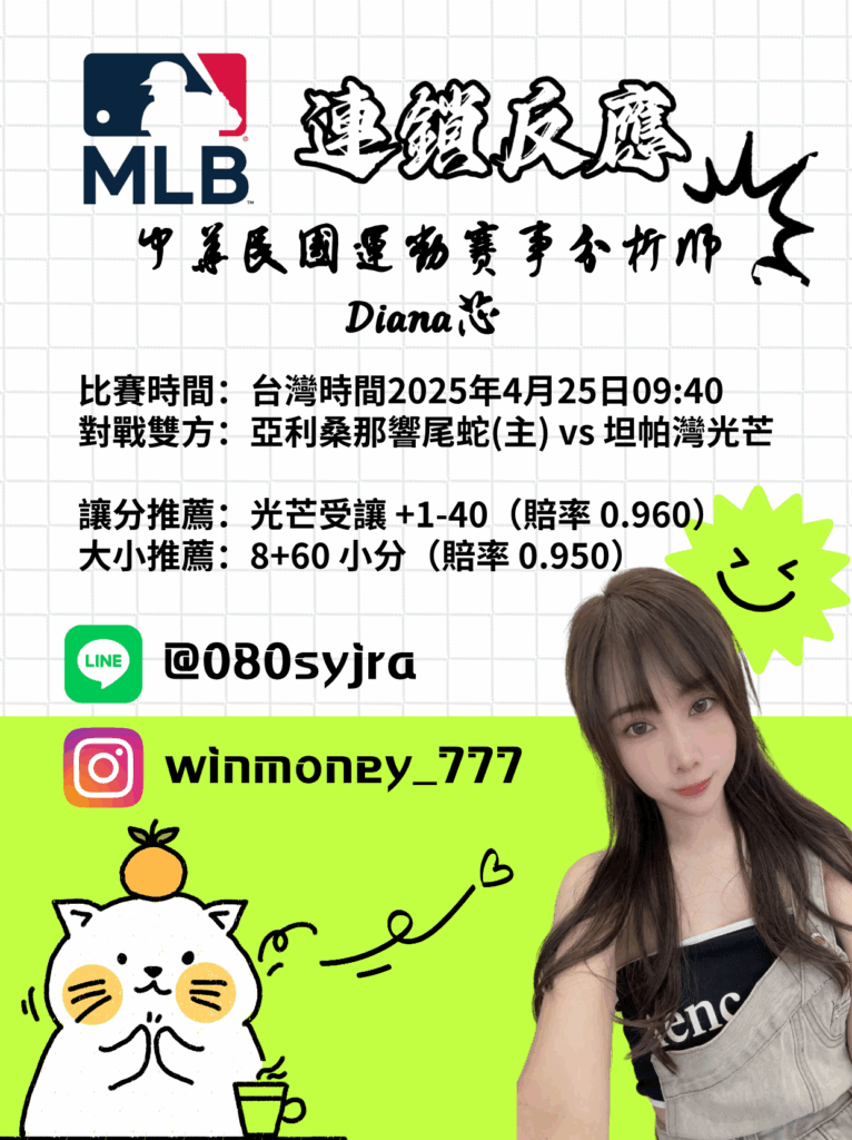 【MLB 賽事分析】鉅城娛樂城Diana-MLB戰績預測:4/25 亞利桑那響尾蛇(主) vs 坦帕灣光芒 比賽分析 1 4/25 亞利桑那響尾蛇 vs 坦帕灣光芒