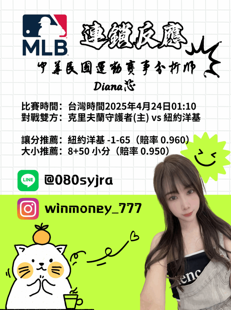 【MLB 賽事分析】鉅城娛樂城Diana-MLB戰績預測:4/24 克里夫蘭守護者(主) vs 紐約洋基比賽分析 1 dianamlb 2025 04 2318 43 36