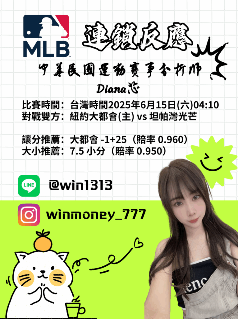 【MLB 賽事分析】usdt娛樂城 Diana-MLB戰績預測:6/15 紐約大都會(主) vs 坦帕灣光芒 比賽分析 1 dianamlb 2025 06 1419 18 37